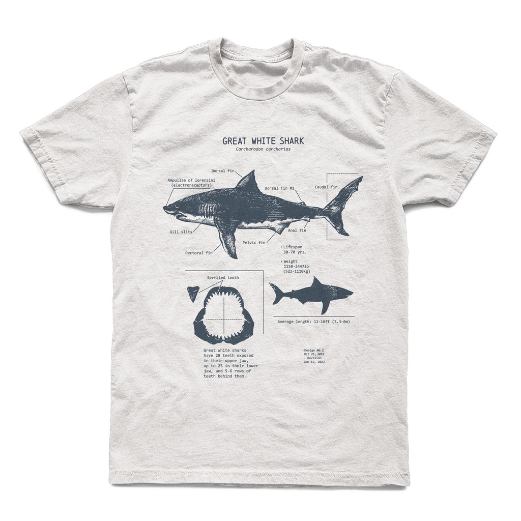 White Shark Anatomy Hand-Drawn Biology Diagram Screen Printed Ringspun