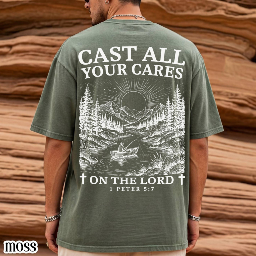 Christian Comfort Colors Cast Cares Lord Peter Nature River Fishing Boat Tee Faith Bible Verse Religious