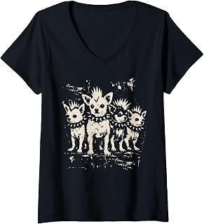Women's Vintage Punk Chihuahua Rock Chihuahua Mohawk Spiked Collar V-Neck Unisex , , , Long Sleeve Tee