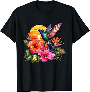 Colorful Hummingbird with Tropical Hibiscus Sunset Unisex , , , Long Sleeve Tee
