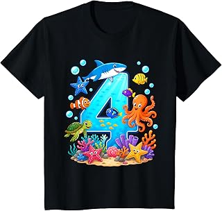4th Birthday Ocean Sea Animals 4 Years Birthday Unisex , , , Long Sleeve Tee