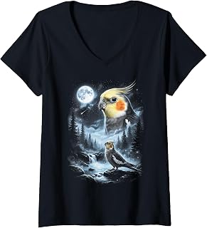 Women's Cockatiel Howling at Moon 90's Retro Parrot V-Neck Unisex , , , Long Sleeve Tee