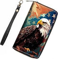 Patriotic American Flag Bald Eagle Wallet for Women with Credit Card Holder Coin Money Clip PU Leather Zip Around Clutch Wallet