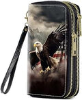 American Flag Bald Eagle Print Women Large Capacity Wallet PU Leather Double Zipper Clutch Purse for Smart Phone/Card/Coin/Cash