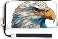Stained Glass Bald Eagle Blue Color PU Leather Clutch Long Bifold Wallet, Coin Purse Credit Pass Case, Durable Card-Holder Money Storage for Women Men