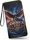 Bald Eagle Zippered Wallet for Women America 250th Anniversary Vegan Leather Wallet Large Capacity Zip Around Credit Card Holder Clutch with Wristlet Strap for Daily Casual