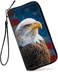 Womens Wallet, Large Capacity PU Leather RFID Blocking Wristlet Wallets C Bald Eagle Flag Design for Women Ladies Men Credit Card Holder Zipper Wallet Phone Holder Clutch Travel Purse