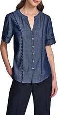 Karl Lagerfeld Women's Short Sleeve Gold Nailhead Details Blouse Unisex , , , Long Sleeve Tee