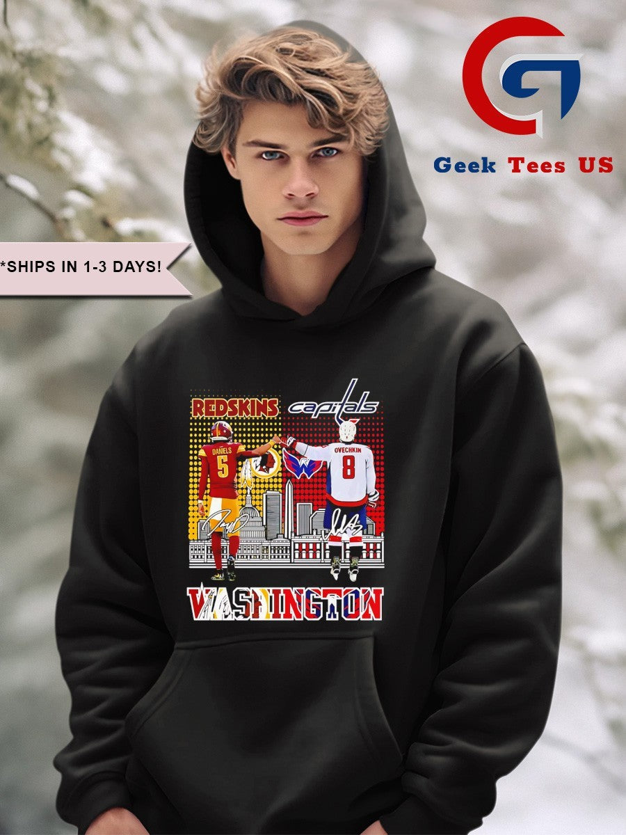 Alexander Ovechkin Washington Capitals fist bump Jayden Daniels Washington Commanders skyline city 2025 signature shirt