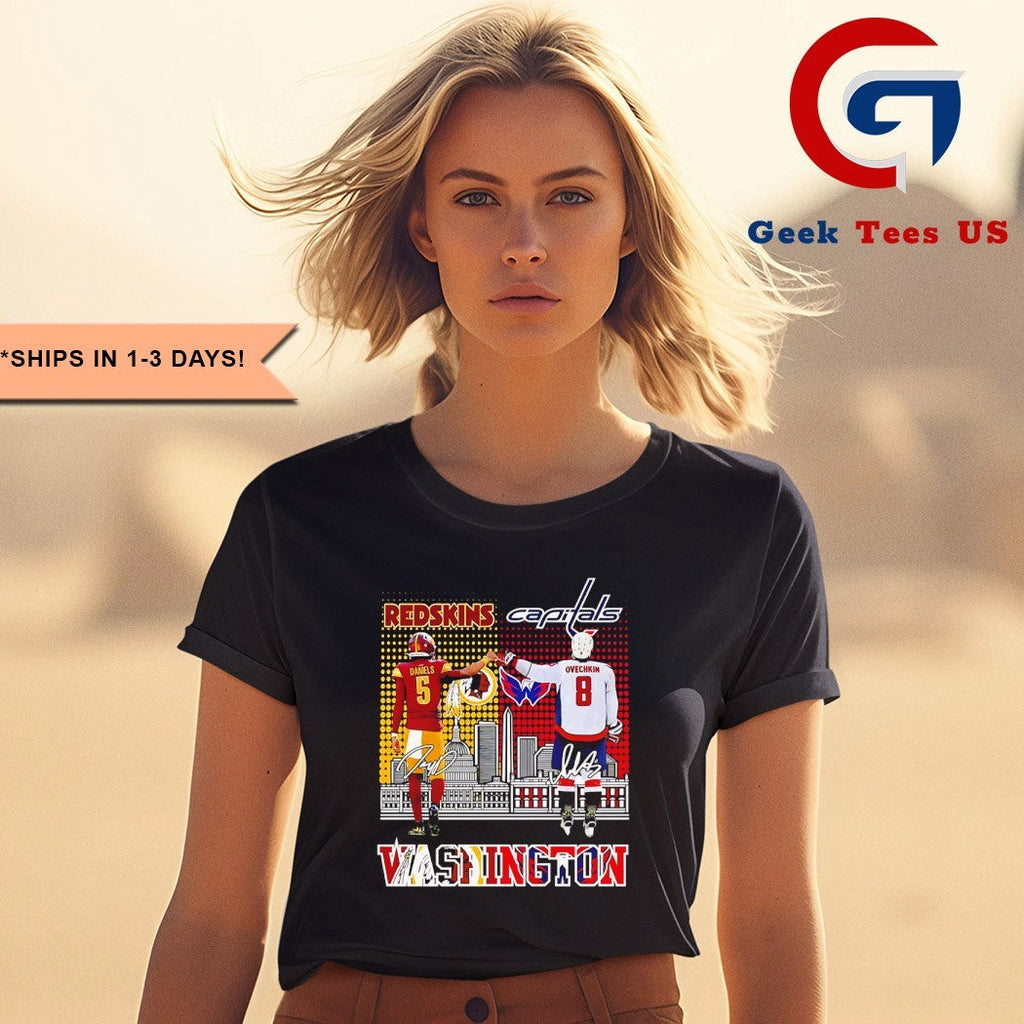 Alexander Ovechkin Washington Capitals fist bump Jayden Daniels Washington Commanders skyline city 2025 signature shirt