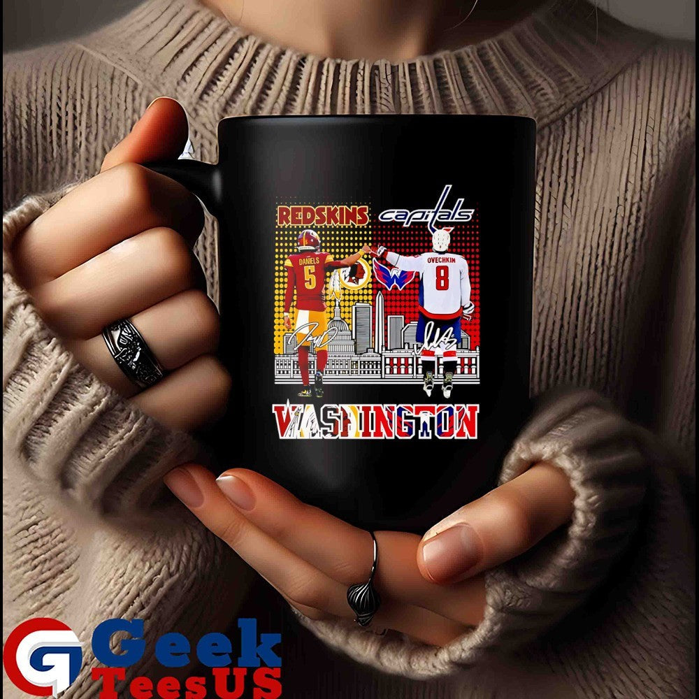 Alexander Ovechkin Washington Capitals fist bump Jayden Daniels Washington Commanders skyline city 2025 signature shirt
