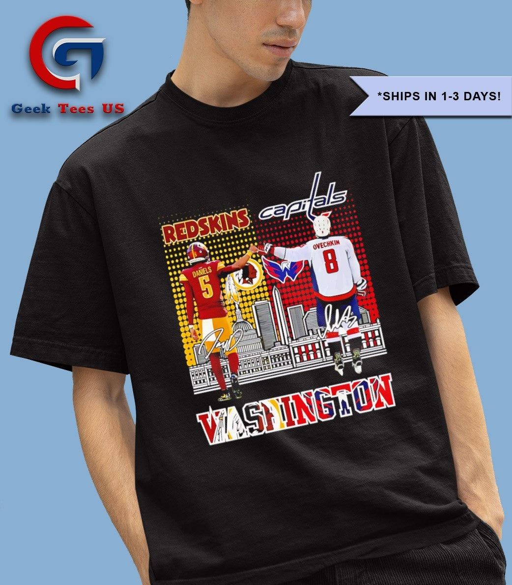 Alexander Ovechkin Washington Capitals fist bump Jayden Daniels Washington Commanders skyline city 2025 signature shirt