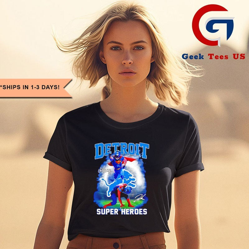 Amon-Ra St. Brown Super Man Jahmyr Gibbs Detroit Lions Super Heroes 2025 signature shirt Unisex , , , Long Sleeve Tee