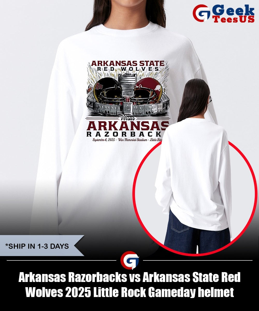Arkansas Razorbacks vs Arkansas State Red Wolves 2025 Little Rock Gameday helmet shirt Unisex , , , Long Sleeve Tee