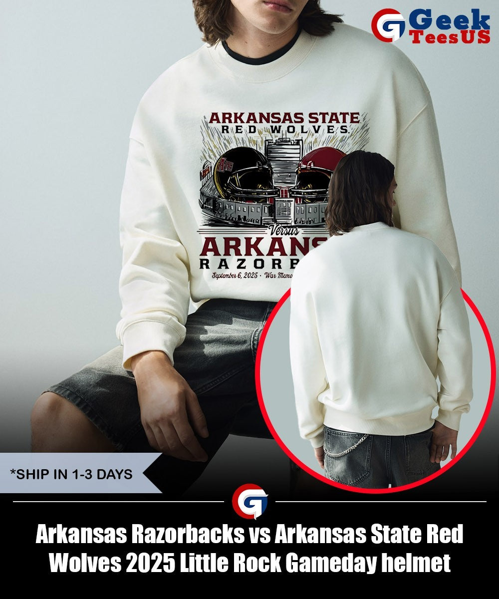 Arkansas Razorbacks vs Arkansas State Red Wolves 2025 Little Rock Gameday helmet shirt Unisex , , , Long Sleeve Tee
