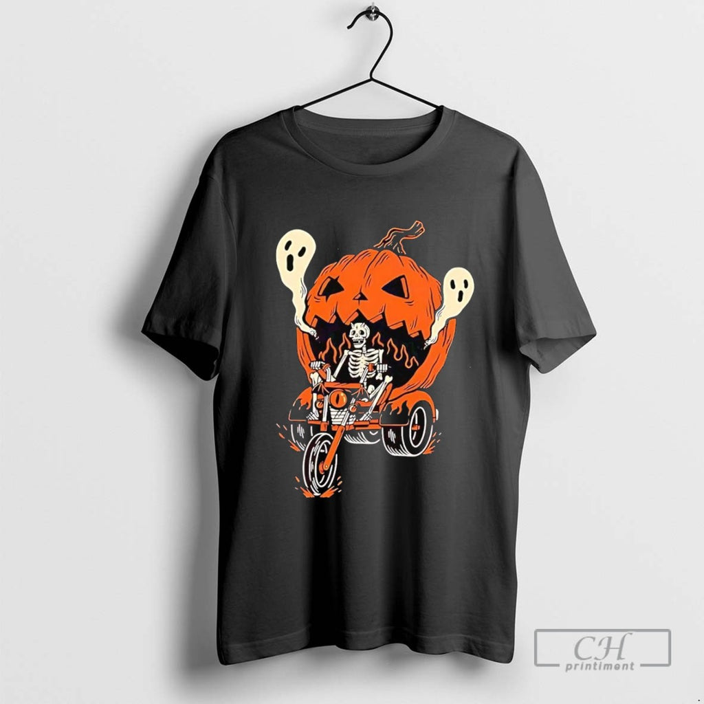 Biker Skeleton Riding Pumpkin Halloween