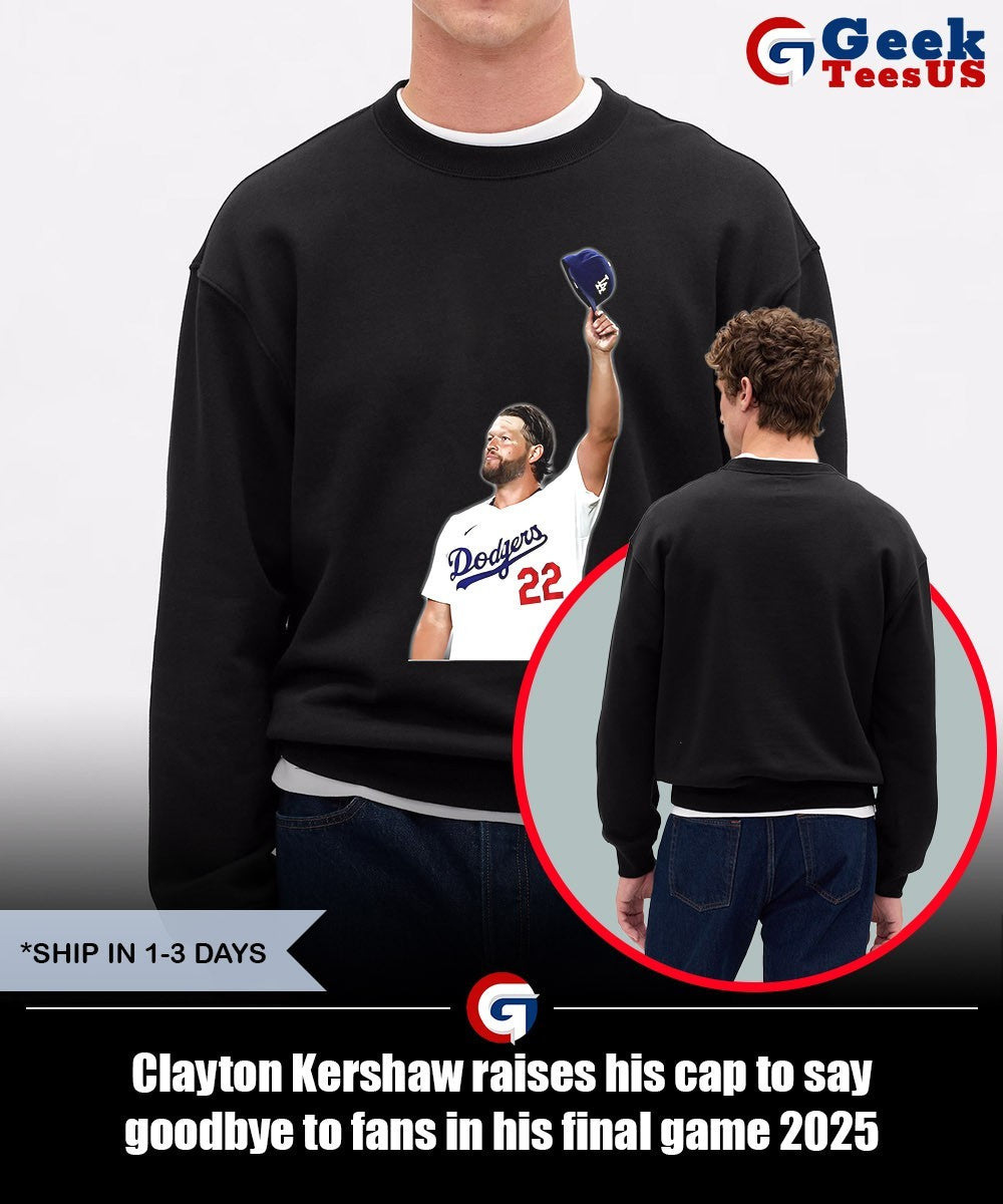 Clayton Kershaw raises his cap to say goodbye to fans in his final game 2025 shirt Unisex , , , Long Sleeve Tee