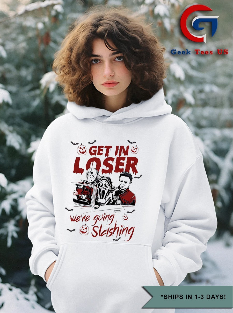Get in loser we’re going slashing horror characters Halloween 2025 shirt Unisex , , , Long Sleeve Tee