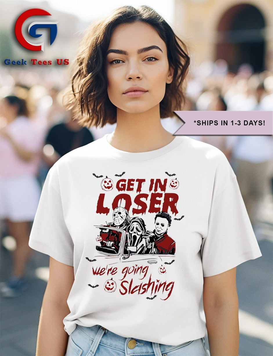 Get in loser we’re going slashing horror characters Halloween 2025 shirt Unisex , , , Long Sleeve Tee