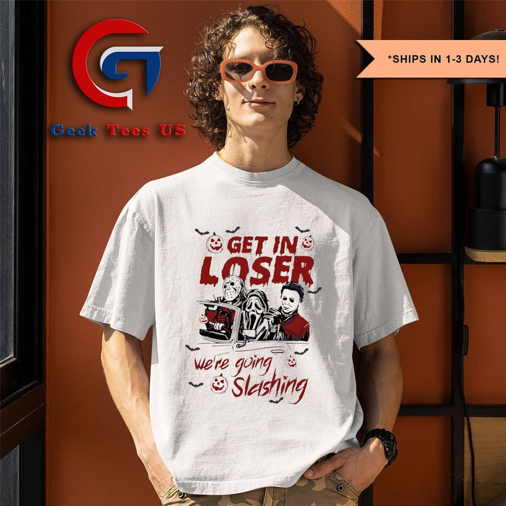 Get in loser we’re going slashing horror characters Halloween 2025 shirt Unisex , , , Long Sleeve Tee
