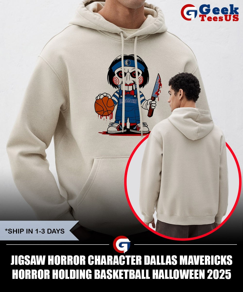 Jigsaw horror character Dallas Mavericks Horror holding basketball Halloween 2025 shirt Unisex , , , Long Sleeve Tee