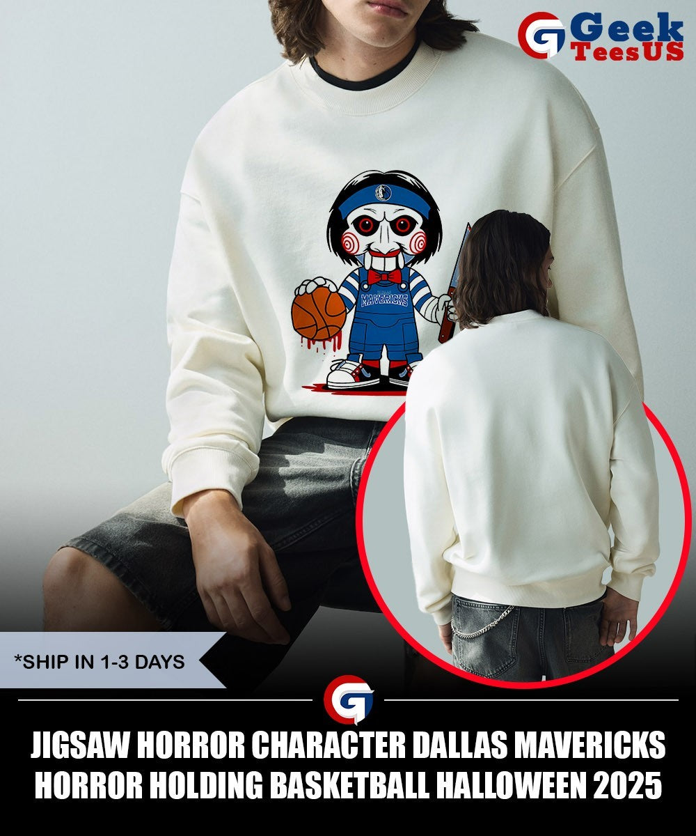 Jigsaw horror character Dallas Mavericks Horror holding basketball Halloween 2025 shirt Unisex , , , Long Sleeve Tee