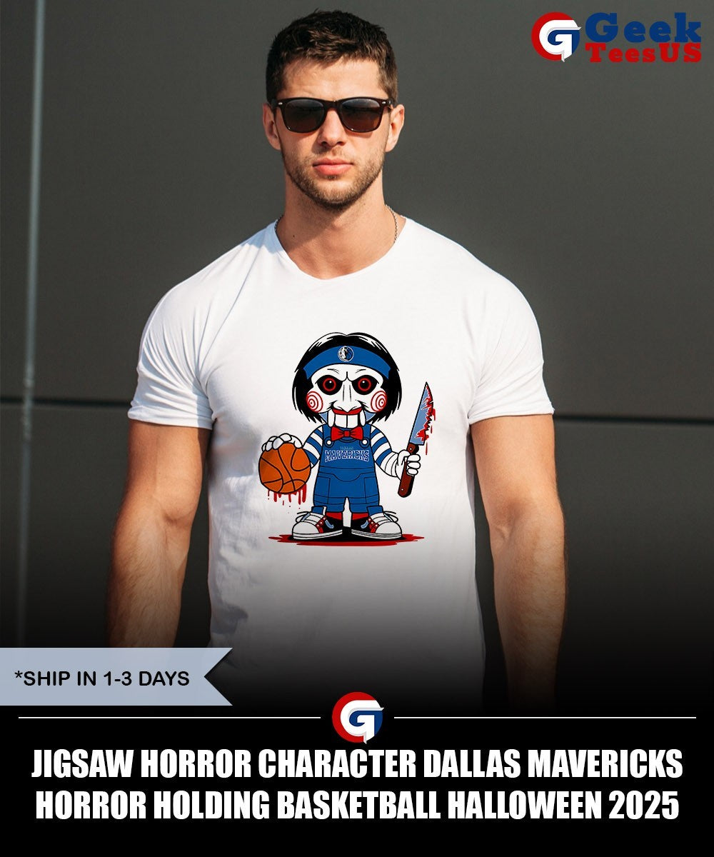 Jigsaw horror character Dallas Mavericks Horror holding basketball Halloween 2025 shirt Unisex , , , Long Sleeve Tee