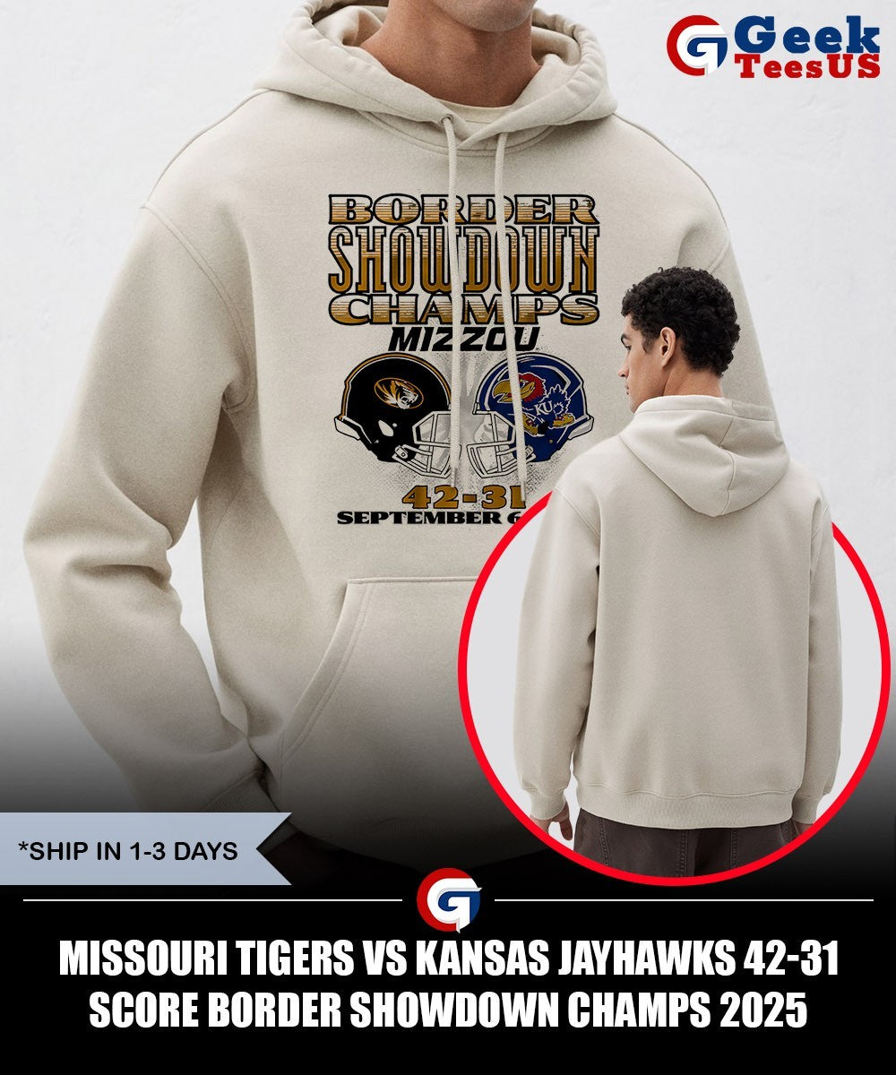 Missouri Tigers vs Kansas Jayhawks 42-31 score Border Showdown Champs 2025 helmet shirt Unisex , , , Long Sleeve Tee