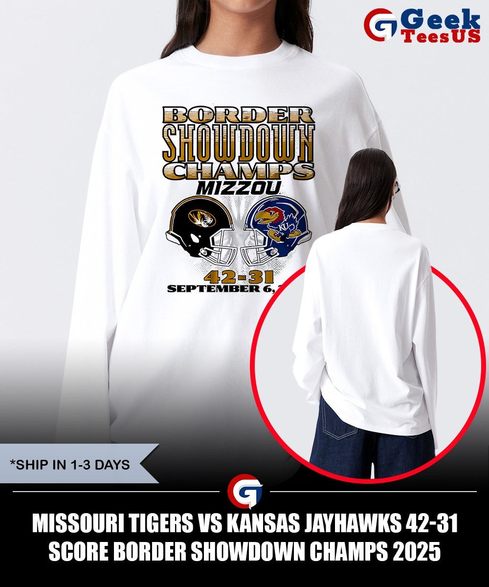 Missouri Tigers vs Kansas Jayhawks 42-31 score Border Showdown Champs 2025 helmet shirt Unisex , , , Long Sleeve Tee