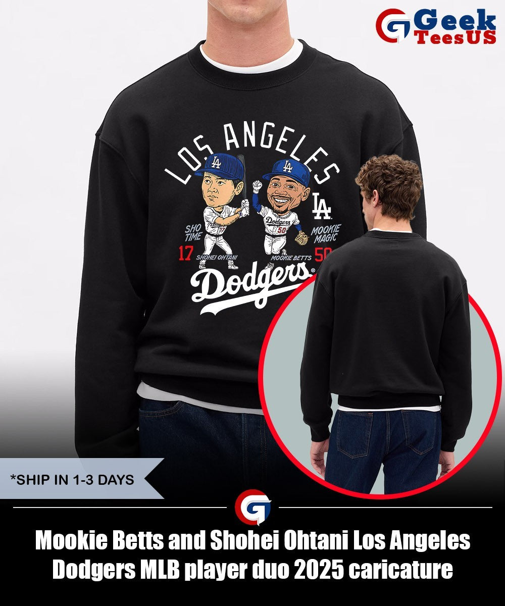 Mookie Betts and Shohei Ohtani Los Angeles Dodgers MLB player duo 2025 caricature shirt Unisex , , , Long Sleeve Tee