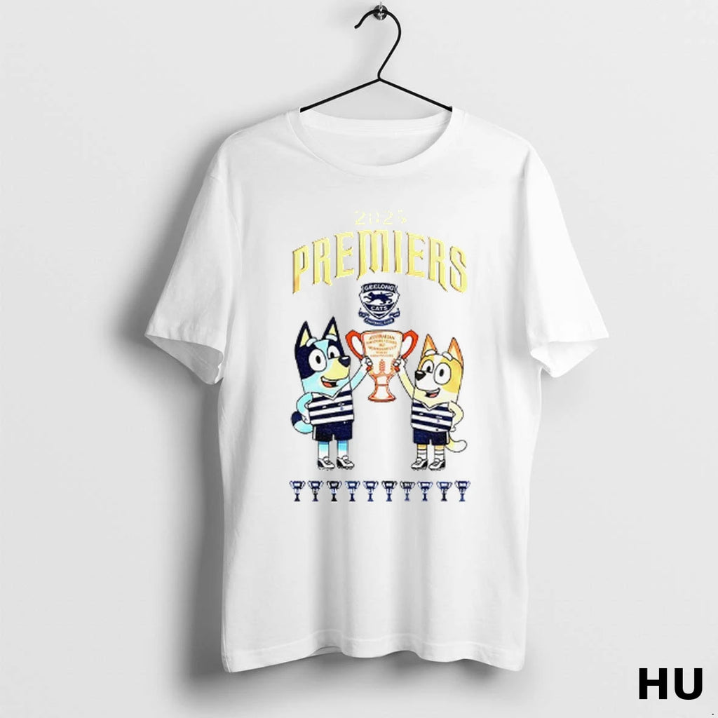 Official Bluey And Bingo Geelong Cats Football Afl 2025 Premiers T Shirt