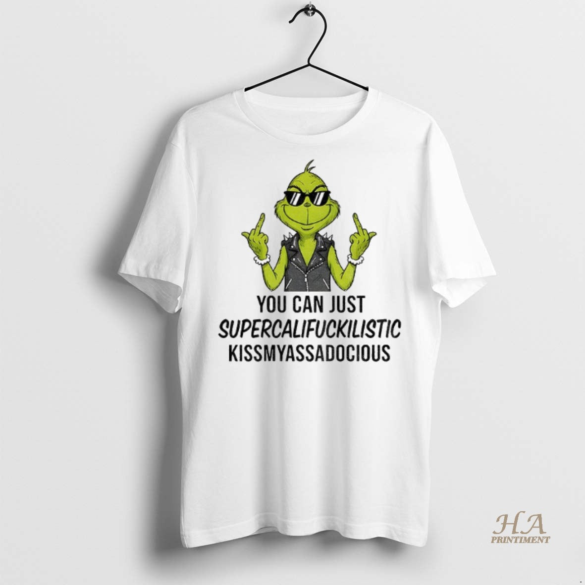 Official Grinch Middle Finger You Can Just Supercalifuckilistic Kismyassadocious Christmas Shirt
