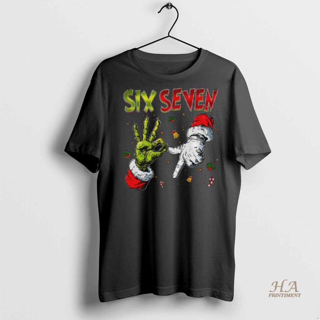 Official Jumper Xmas Grinch And Santa Hand Six Seven 67 Meme Shirt
