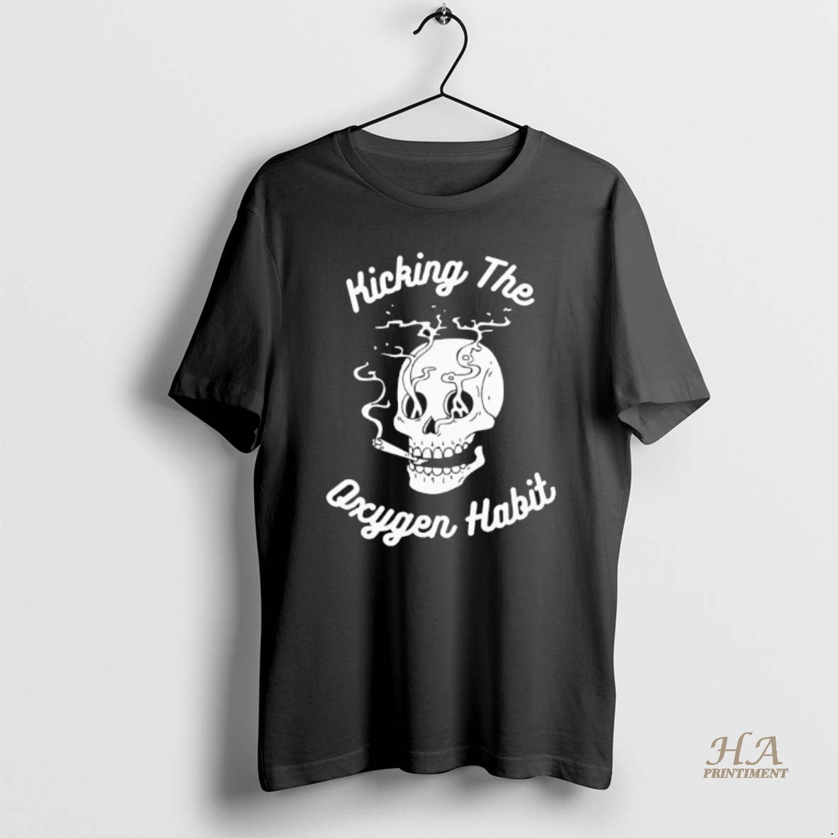 Official Kicking The Oxygen Habit Skull Smoking Black