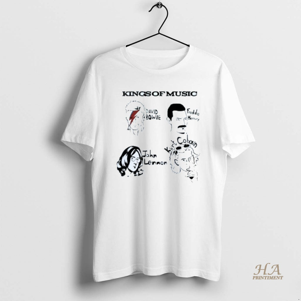 Official King Of Music David Bowie Freddie John Kurt Cartoon Mens White Tee