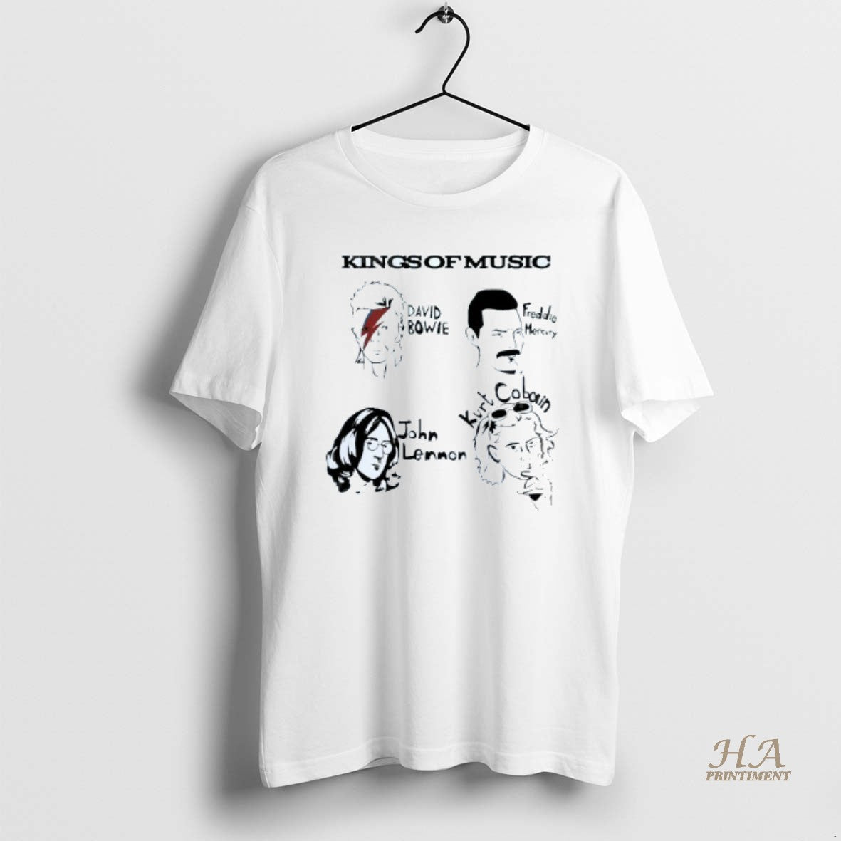 Official King Of Music David Bowie Freddie John Kurt Cartoon Mens White Tee