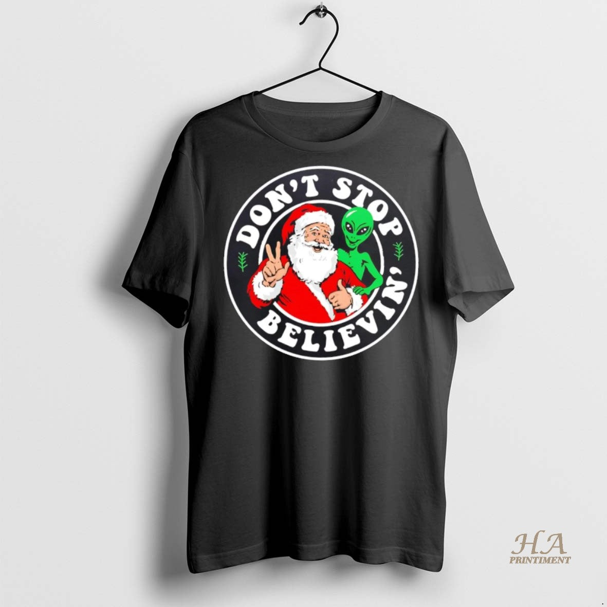 Official Santa And Alien Dont Stop Believin Christmas Shirt