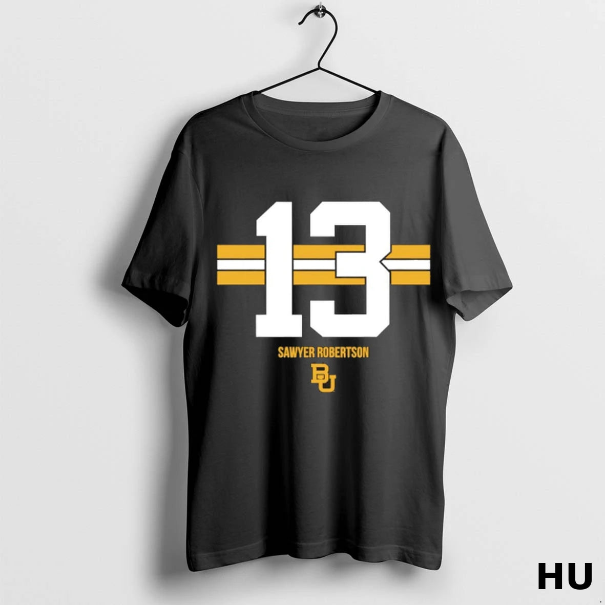 Official Sawyer Robertson 13 Baylor Bears Stripe Number And Name T Shirt