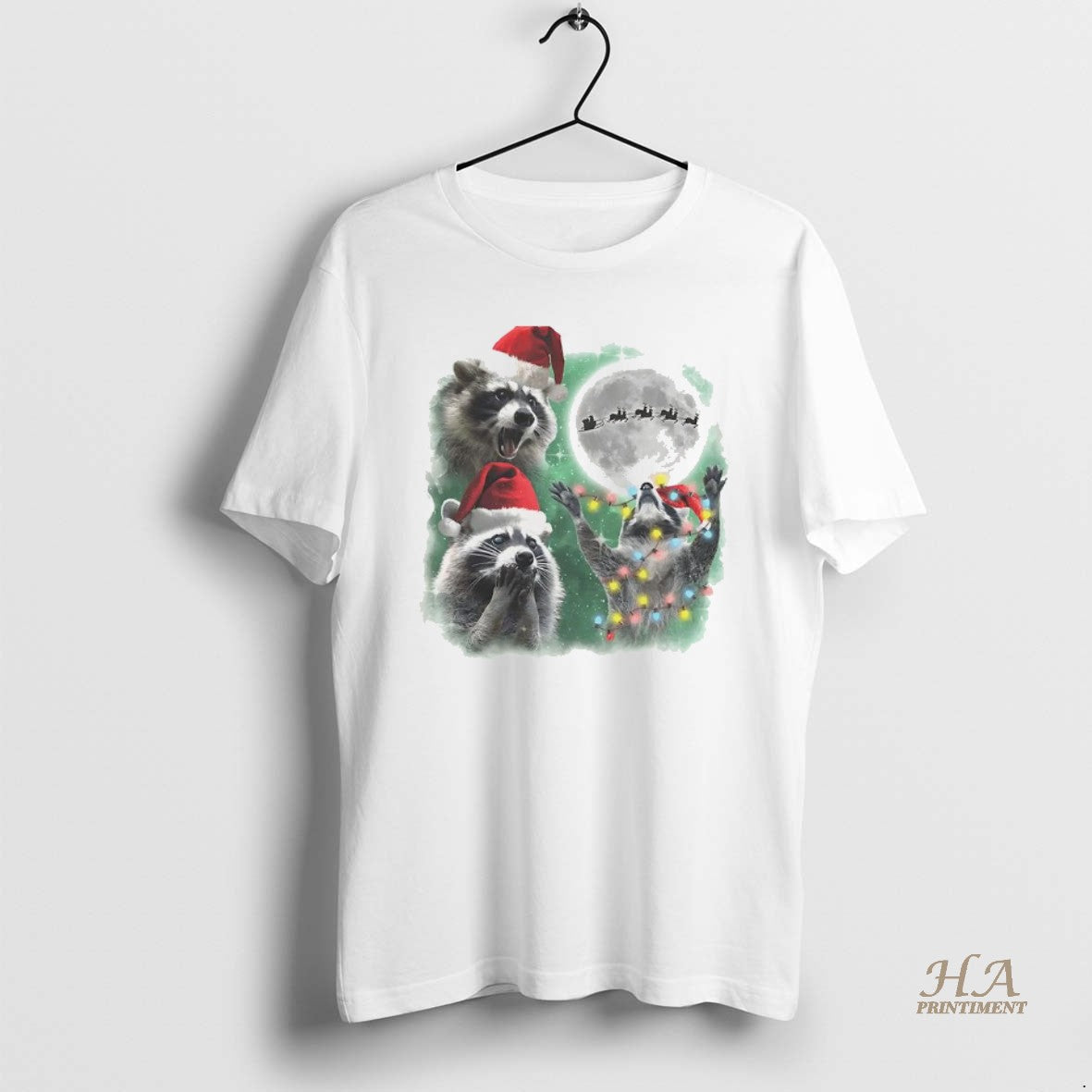 Official Three Raccoons With The Lamp String Under Moon Christmas