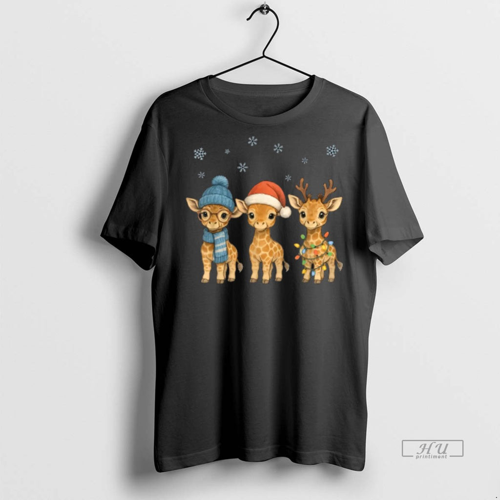 Officials Baby Giraffe Christmas Lights Santa Hat Reindeer Premium Tee Shirt Sweater