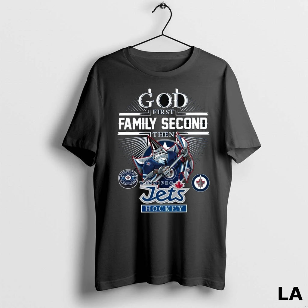Original God First Family Second Then Winnipeg Jets Hockey Mascot 2025 Long Sleve