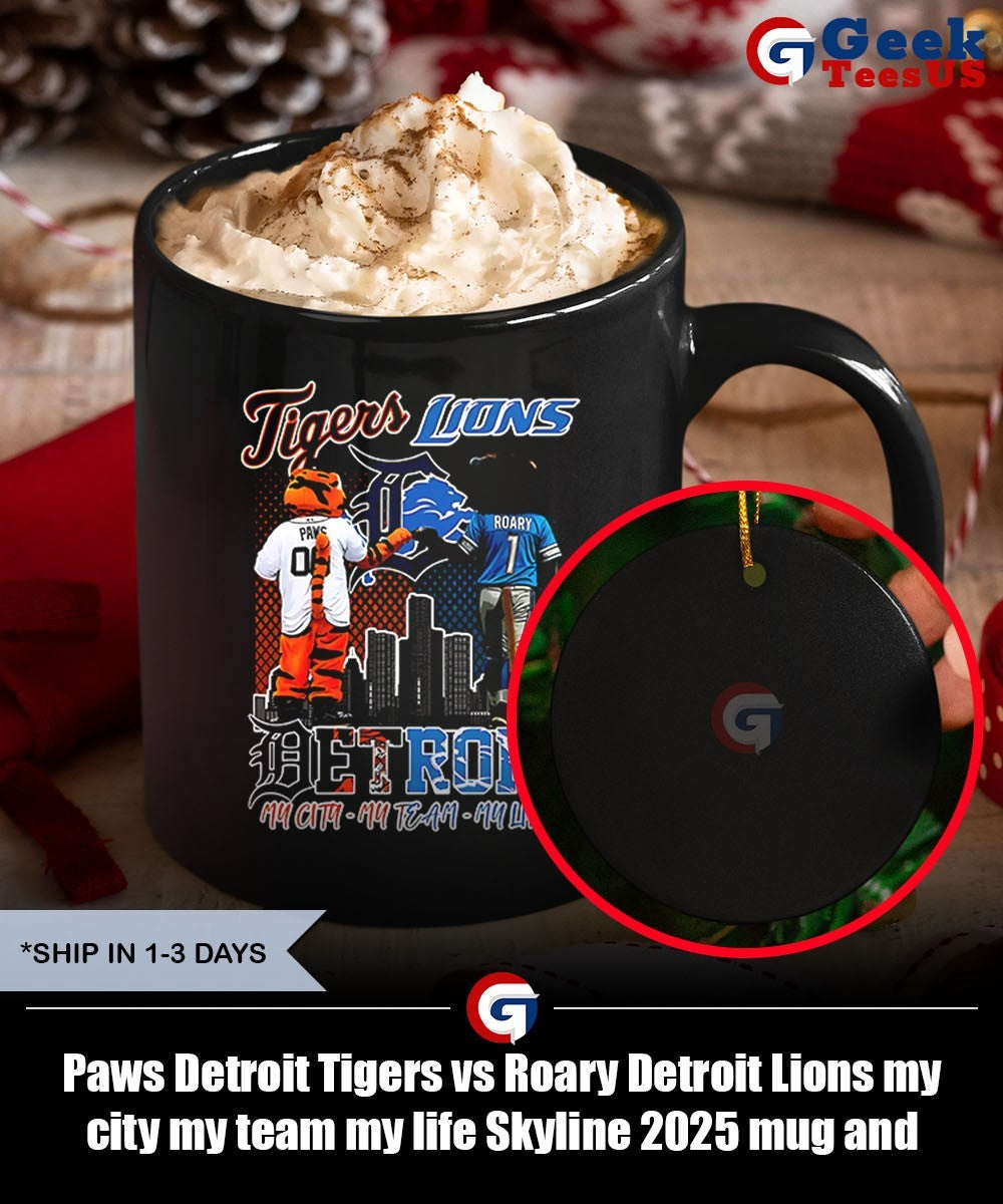 Paws Detroit Tigers vs Roary Detroit Lions my city my team my life Skyline 2025 shirt Unisex , , , Long Sleeve Tee