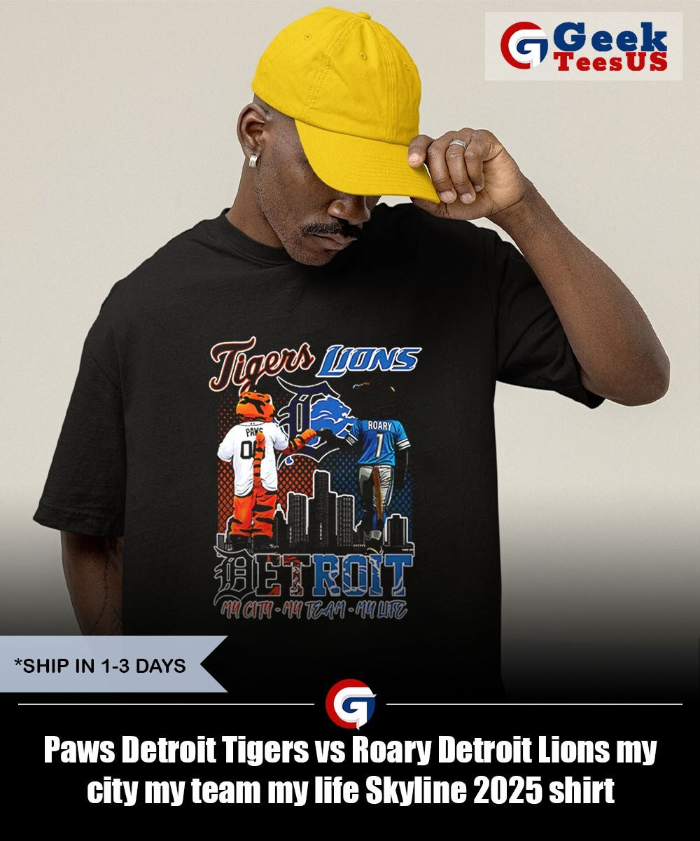 Paws Detroit Tigers vs Roary Detroit Lions my city my team my life Skyline 2025 shirt Unisex , , , Long Sleeve Tee