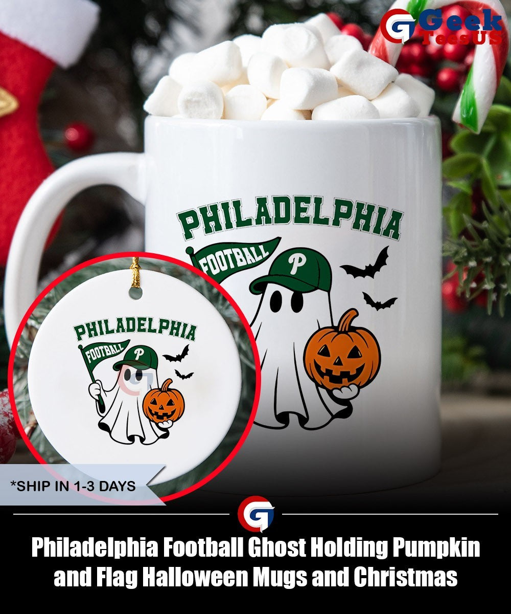 Philadelphia Football Ghost Holding Pumpkin and Flag Halloween shirt Unisex , , , Long Sleeve Tee