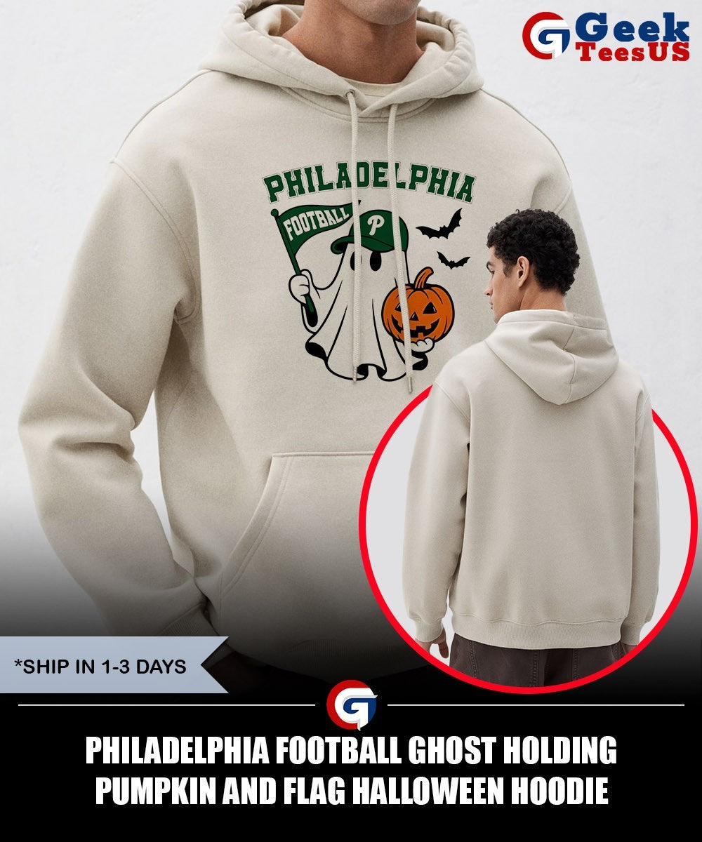 Philadelphia Football Ghost Holding Pumpkin and Flag Halloween shirt Unisex , , , Long Sleeve Tee