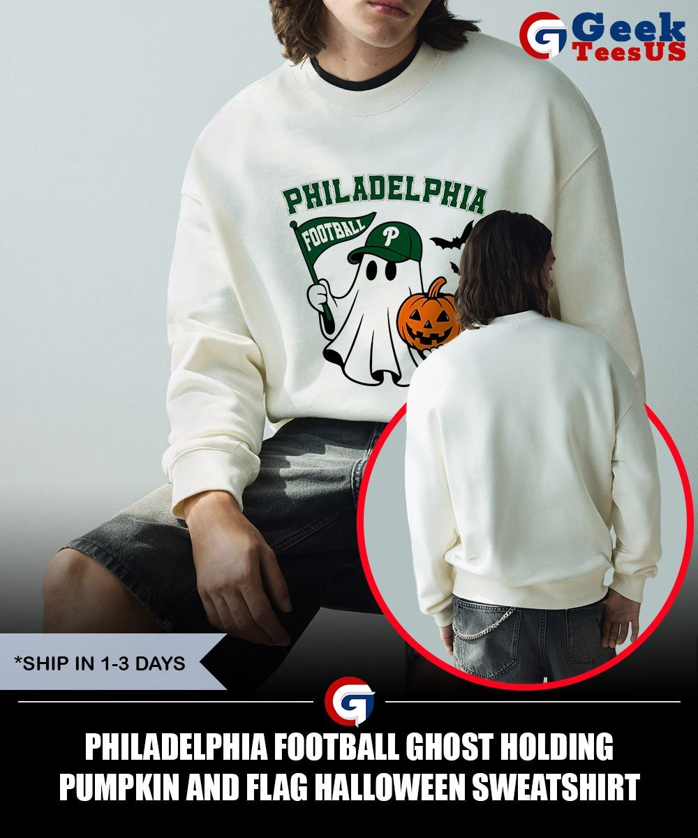 Philadelphia Football Ghost Holding Pumpkin and Flag Halloween shirt Unisex , , , Long Sleeve Tee