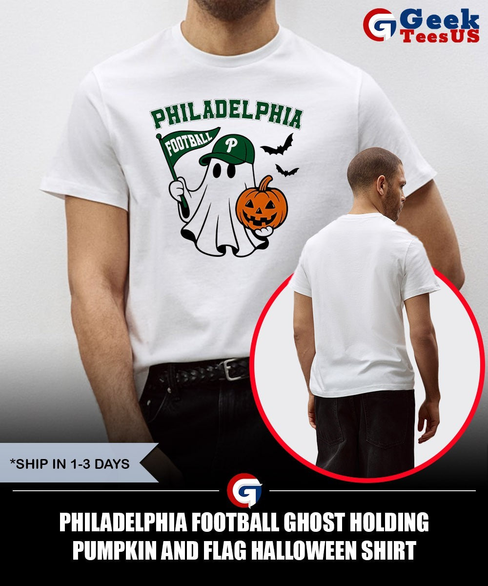 Philadelphia Football Ghost Holding Pumpkin and Flag Halloween shirt Unisex , , , Long Sleeve Tee