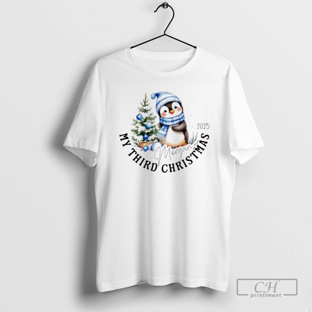Premium Penguin Hat Santa My Third Christmas Cute Personalized Ornaments White Shirt Sweater