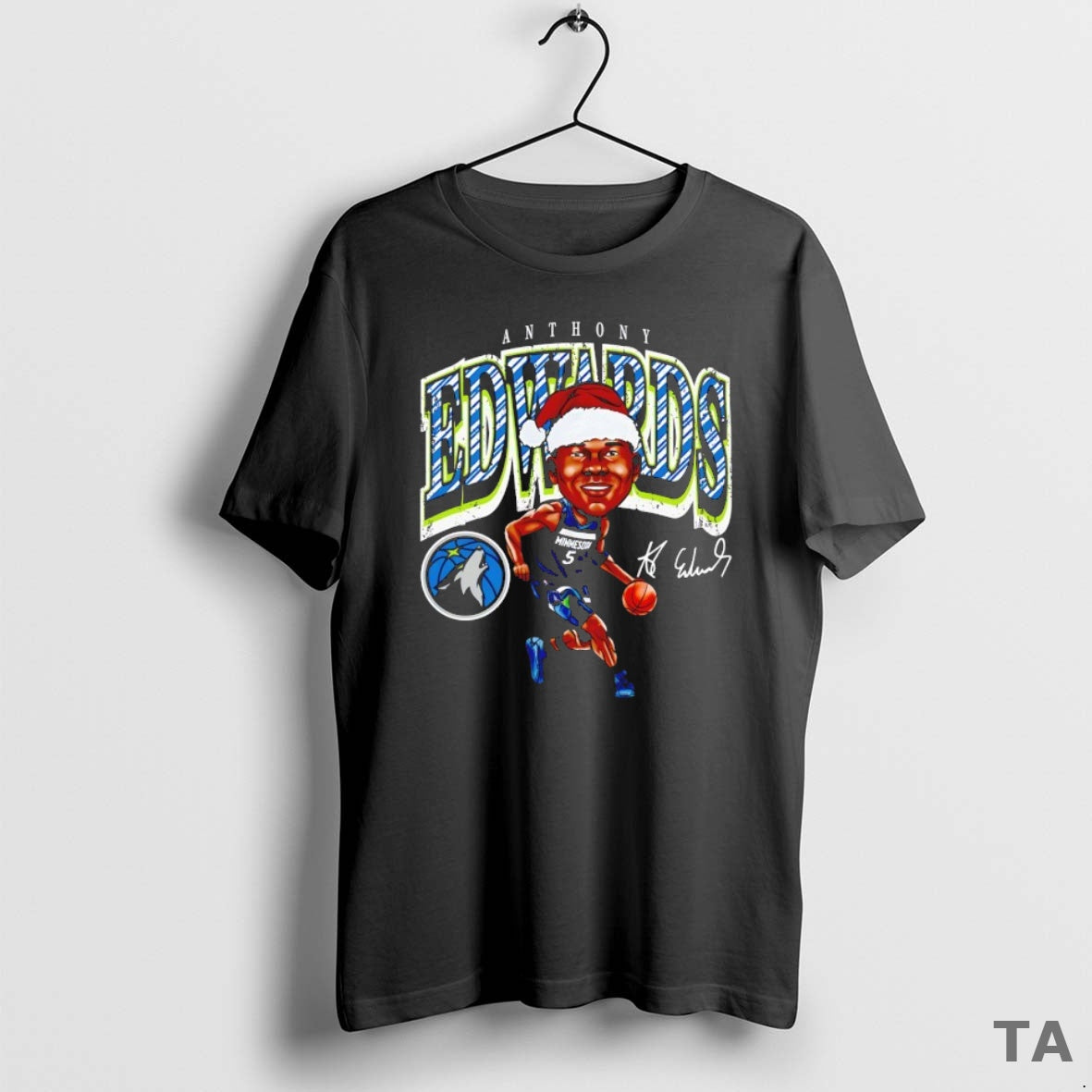Top Anthony Edwards With Santa Hat Minnesota Timberwolves Caricature Signature T Shirt Sweater