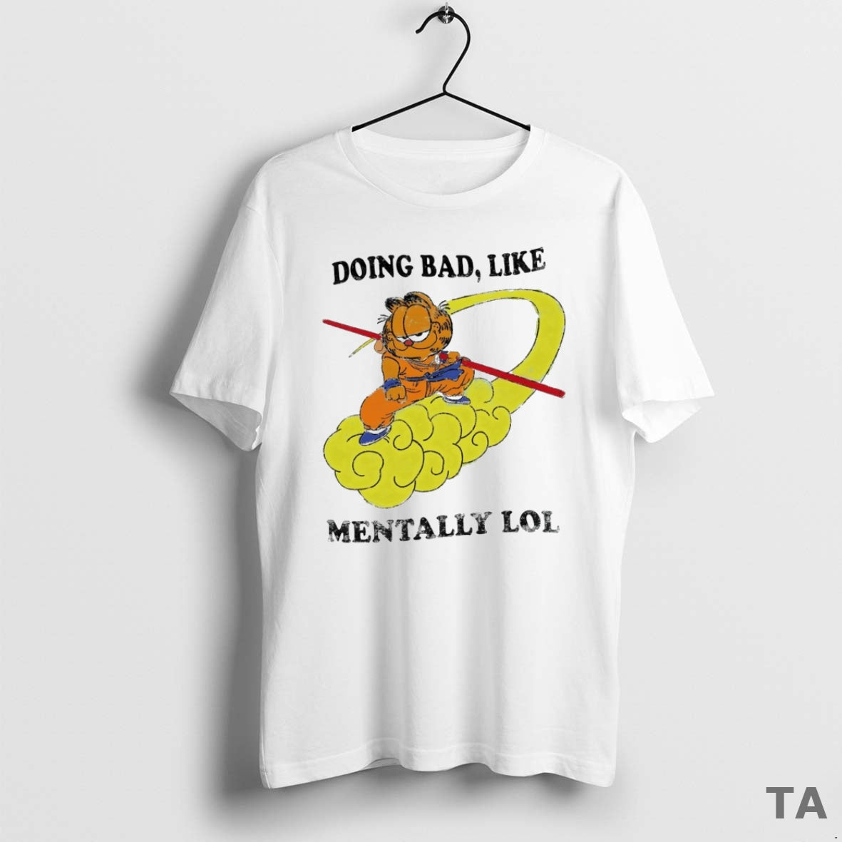 Top Garfieid X Goku Riding Cloud Doing Bad Mentally Lol Circle T Shirt Sweater
